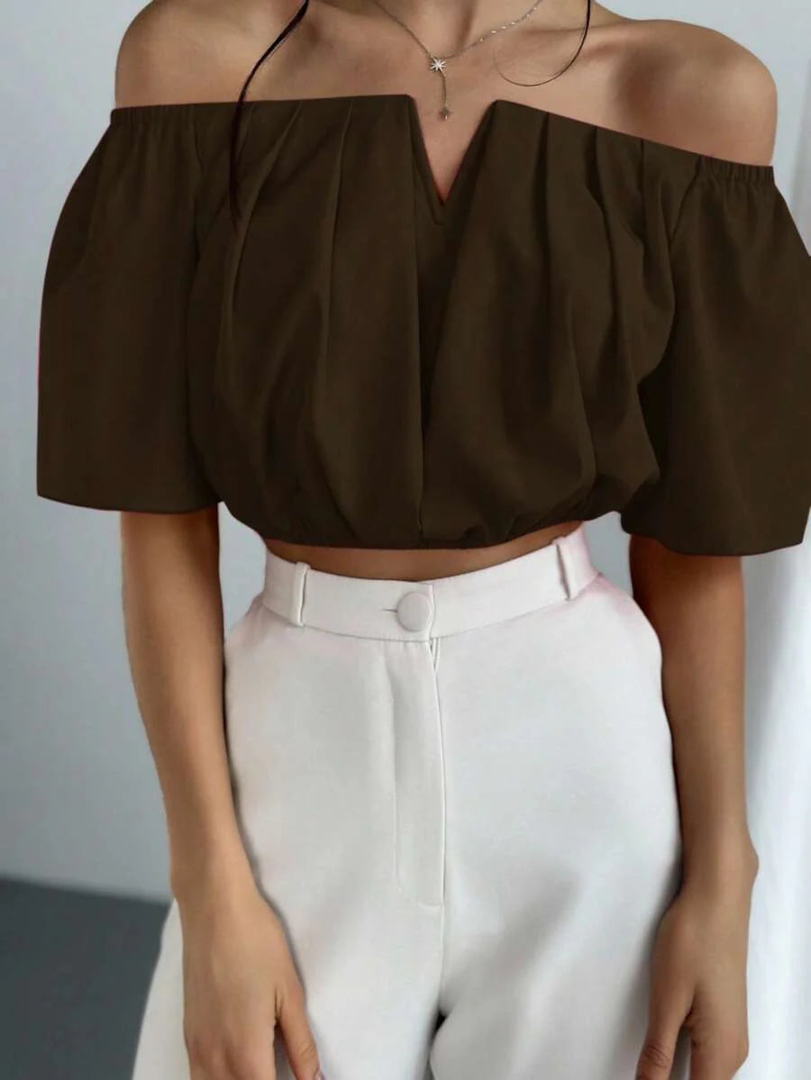 Aloruh Solid Color V-Neck Off Shoulder Casual Top