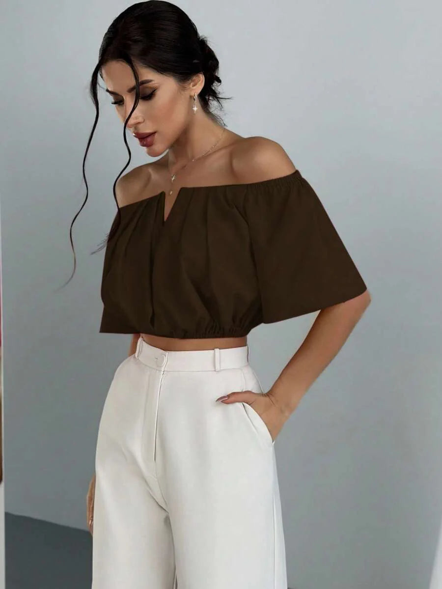 Aloruh Solid Color V-Neck Off Shoulder Casual Top