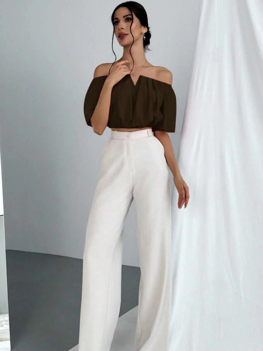 Aloruh Solid Color V-Neck Off Shoulder Casual Top