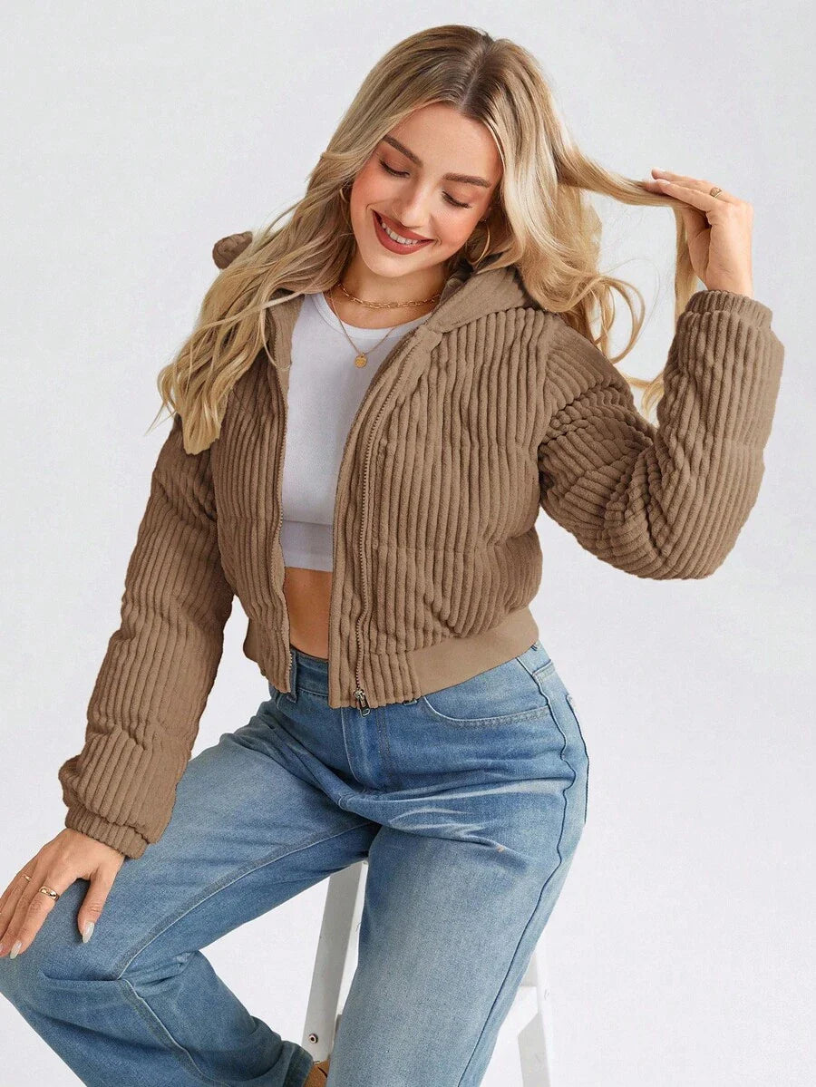 LUNE Women's Short Casual Street Fashion Corduroy Padded Coat, Winter Crop Jackets For Women Zip Up Jacket Women Corduroy Jacket Women Brown Jacket Women Cropped Jackets,Fall