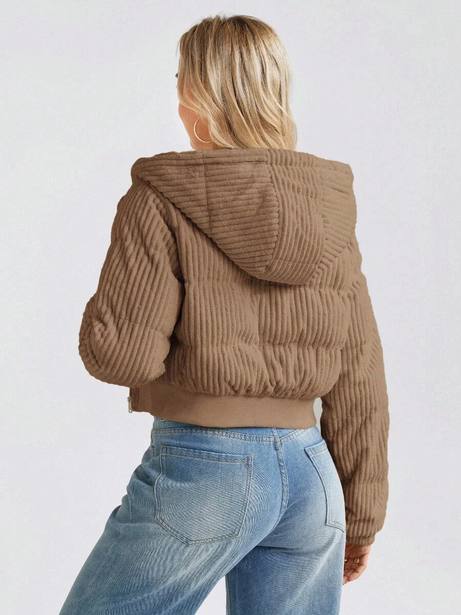 LUNE Women's Short Casual Street Fashion Corduroy Padded Coat, Winter Crop Jackets For Women Zip Up Jacket Women Corduroy Jacket Women Brown Jacket Women Cropped Jackets,Fall