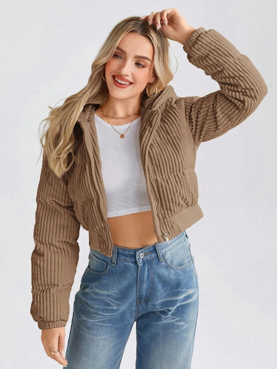 LUNE Women's Short Casual Street Fashion Corduroy Padded Coat, Winter Crop Jackets For Women Zip Up Jacket Women Corduroy Jacket Women Brown Jacket Women Cropped Jackets,Fall