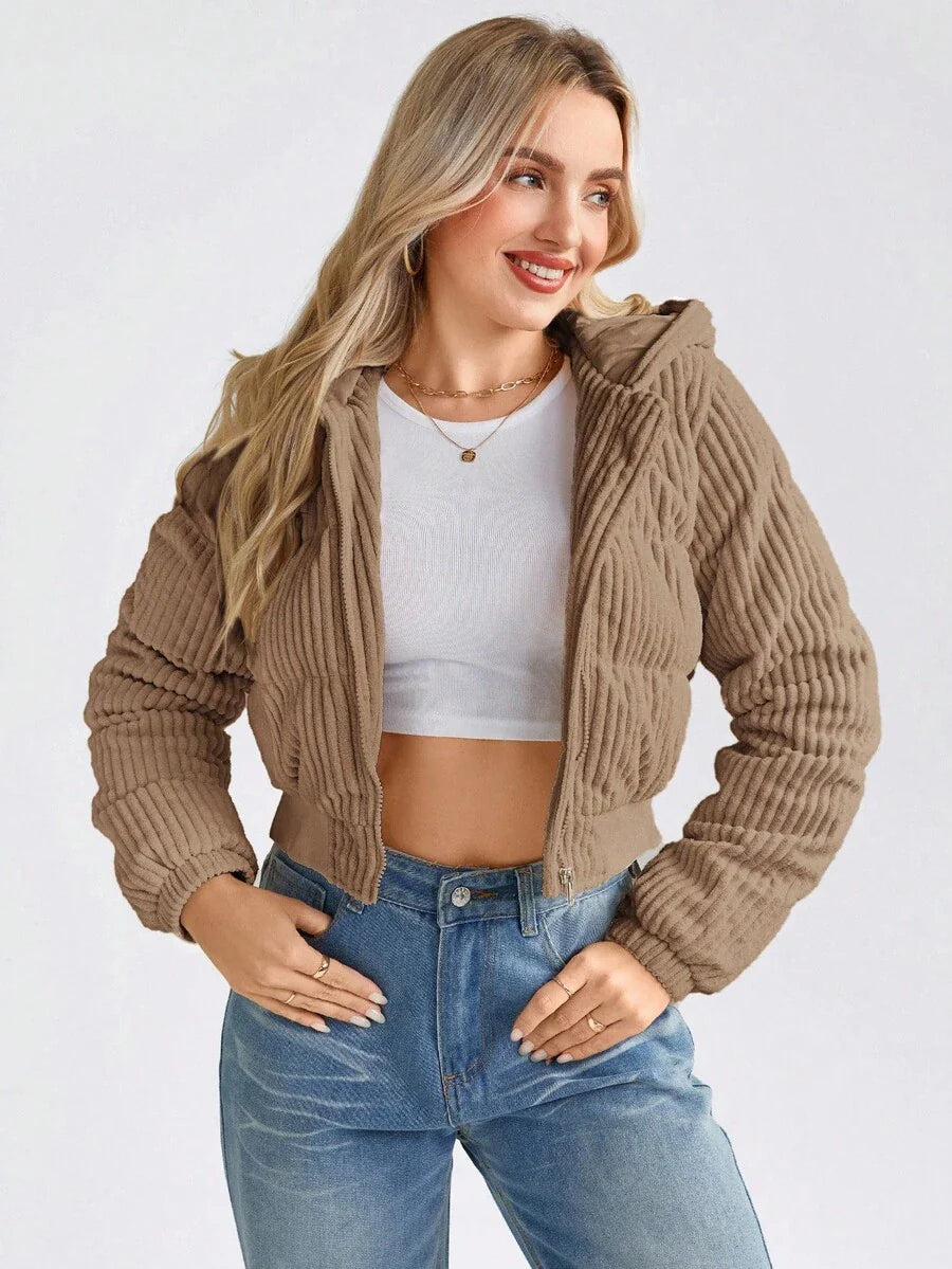LUNE Women's Short Casual Street Fashion Corduroy Padded Coat, Winter Crop Jackets For Women Zip Up Jacket Women Corduroy Jacket Women Brown Jacket Women Cropped Jackets,Fall