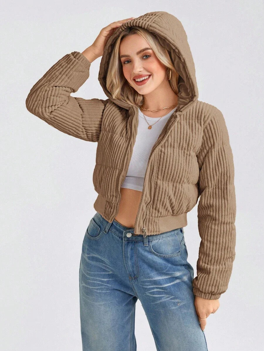 LUNE Women's Short Casual Street Fashion Corduroy Padded Coat, Winter Crop Jackets For Women Zip Up Jacket Women Corduroy Jacket Women Brown Jacket Women Cropped Jackets,Fall