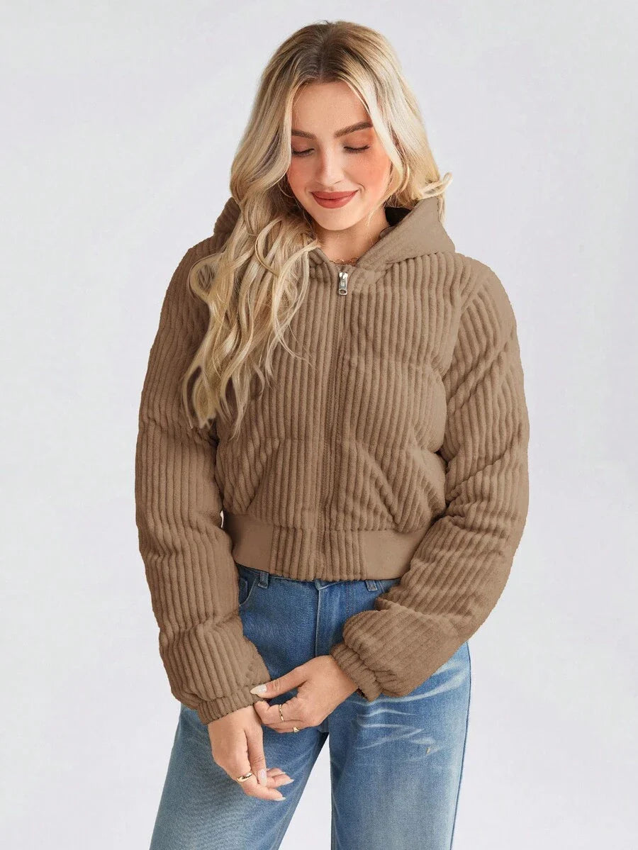 LUNE Women's Short Casual Street Fashion Corduroy Padded Coat, Winter Crop Jackets For Women Zip Up Jacket Women Corduroy Jacket Women Brown Jacket Women Cropped Jackets,Fall