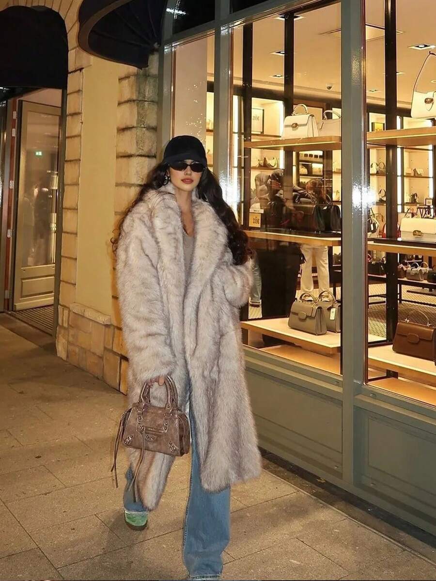 Women's Luxury Colorblock Striped Faux Fur Coat, Autumn/Winter