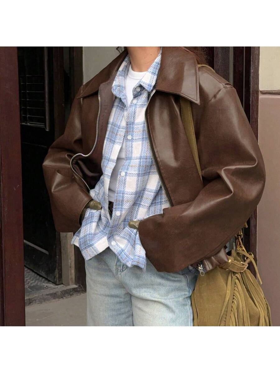 1pc Women's Solid Color Fashionable Loose Matte Leather Jacket Coat, Autumn/Winter