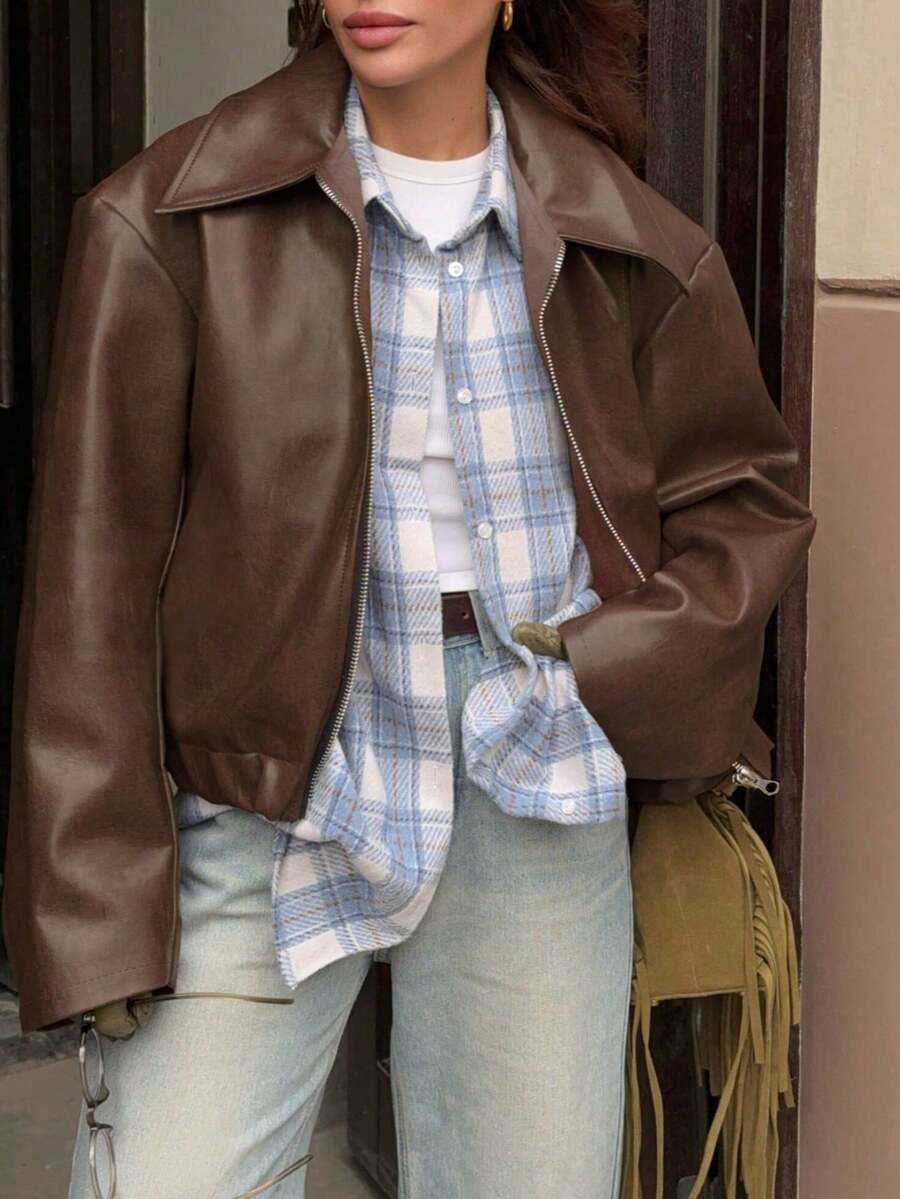 1pc Women's Solid Color Fashionable Loose Matte Leather Jacket Coat, Autumn/Winter