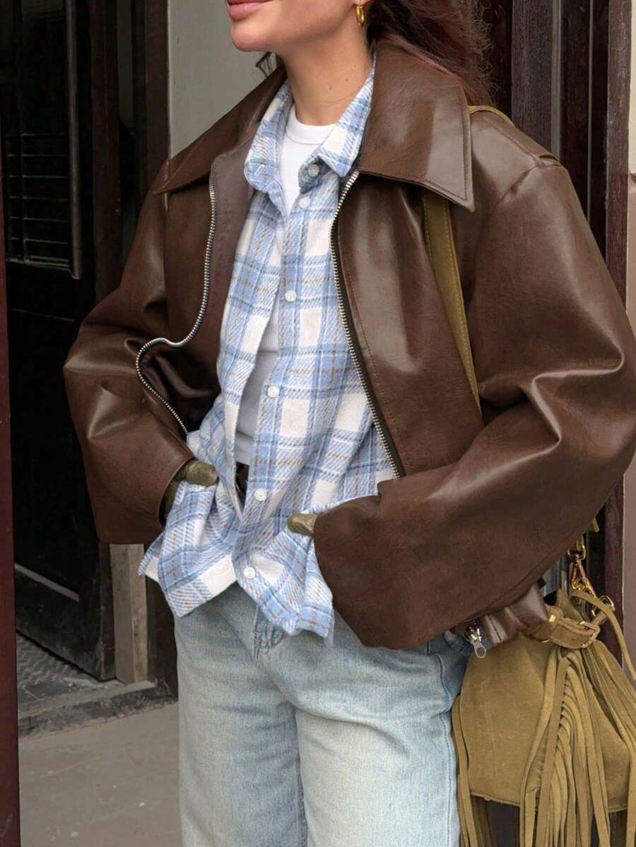 1pc Women's Solid Color Fashionable Loose Matte Leather Jacket Coat, Autumn/Winter