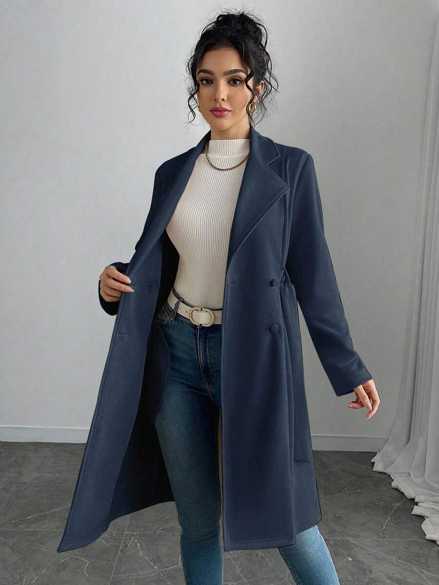 RosyDaze Women's Solid Color Faux Suede Double-Breasted Side Pocket Regular Jacket Fall Winter Cloth For Women