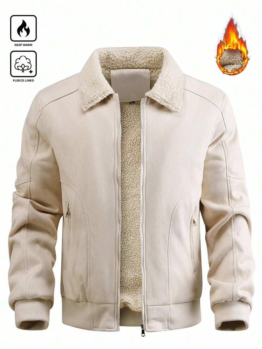 Manfinity Homme Men's Sherpa Fleece Jacket, Faux Suede Fur Collar, For Fall Winter