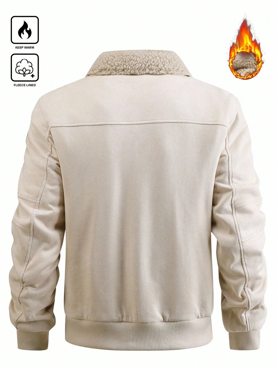 Manfinity Homme Men's Sherpa Fleece Jacket, Faux Suede Fur Collar, For Fall Winter