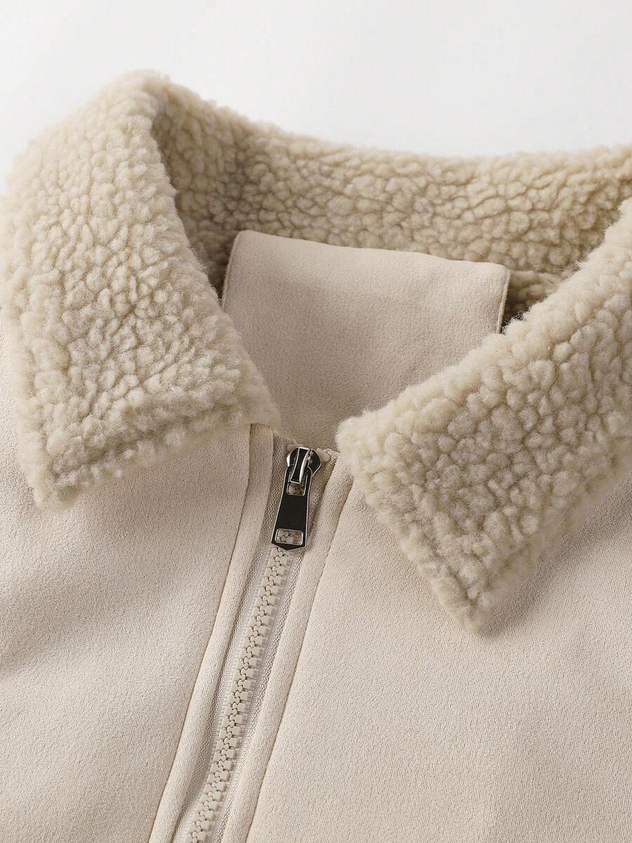 Manfinity Homme Men's Sherpa Fleece Jacket, Faux Suede Fur Collar, For Fall Winter
