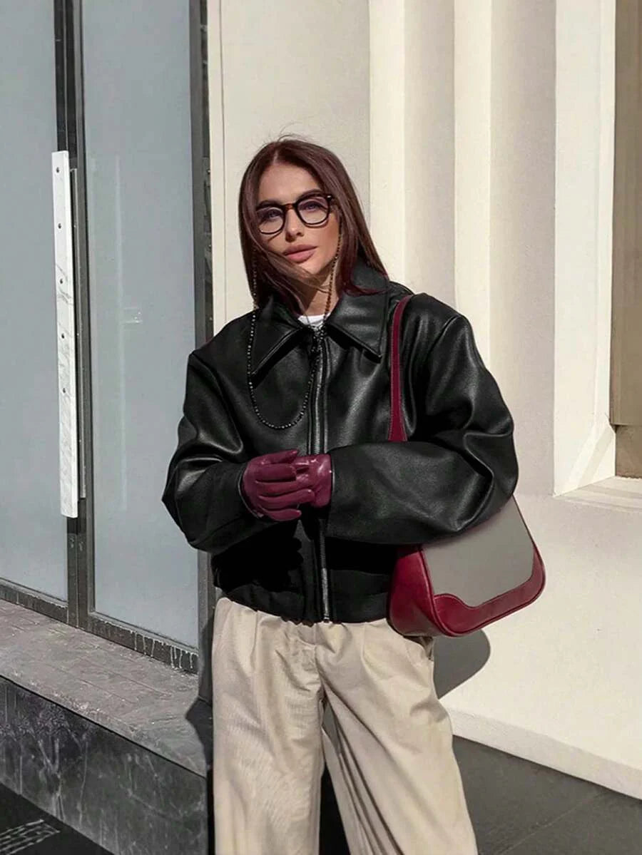 Vintage Casual Motorcycle Style Matte Leather Jacket For Women, Chic European And American Fashion, Zipper Closure, Warm And Windproof, Autumn