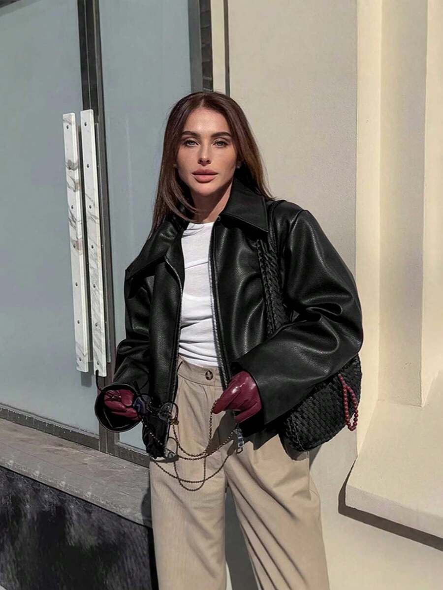 Vintage Casual Motorcycle Style Matte Leather Jacket For Women, Chic European And American Fashion, Zipper Closure, Warm And Windproof, Autumn
