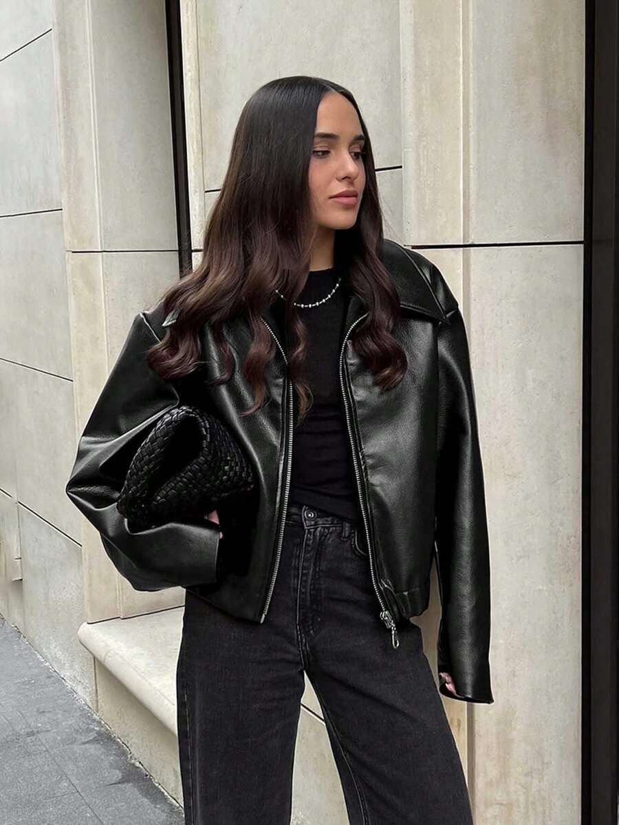 Women's Fashion Long Sleeve PU Leather Short Jacket With Collar And Zipper Details, Stylish Outerwear