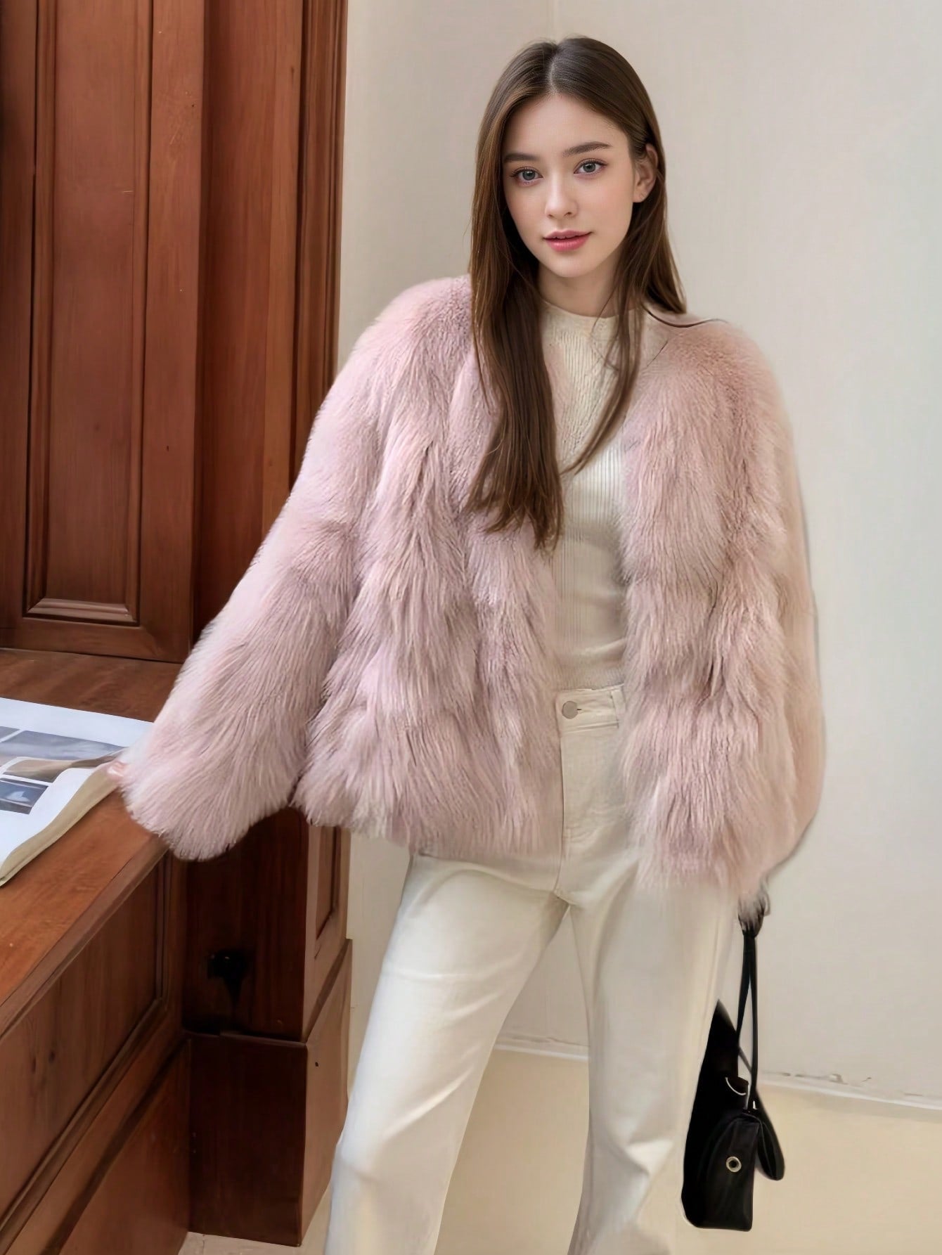 Winter Women Elegant Chic Pink Faux Fur Coats Fashion Vintage Solid Warmth Fluffy Coat Casual Fuzzy Fur Coats Female Fur Plush Fluffy Jacket Outerwear Party Christmas Clothes New Years