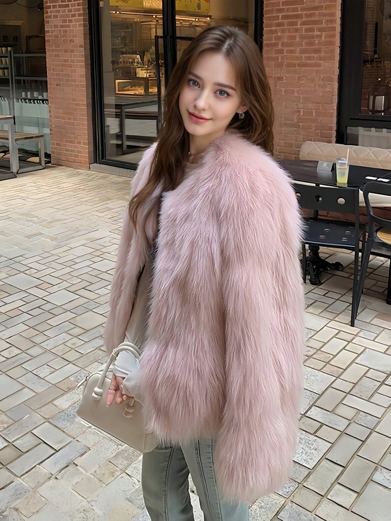 Winter Women Elegant Chic Pink Faux Fur Coats Fashion Vintage Solid Warmth Fluffy Coat Casual Fuzzy Fur Coats Female Fur Plush Fluffy Jacket Outerwear Party Christmas Clothes New Years