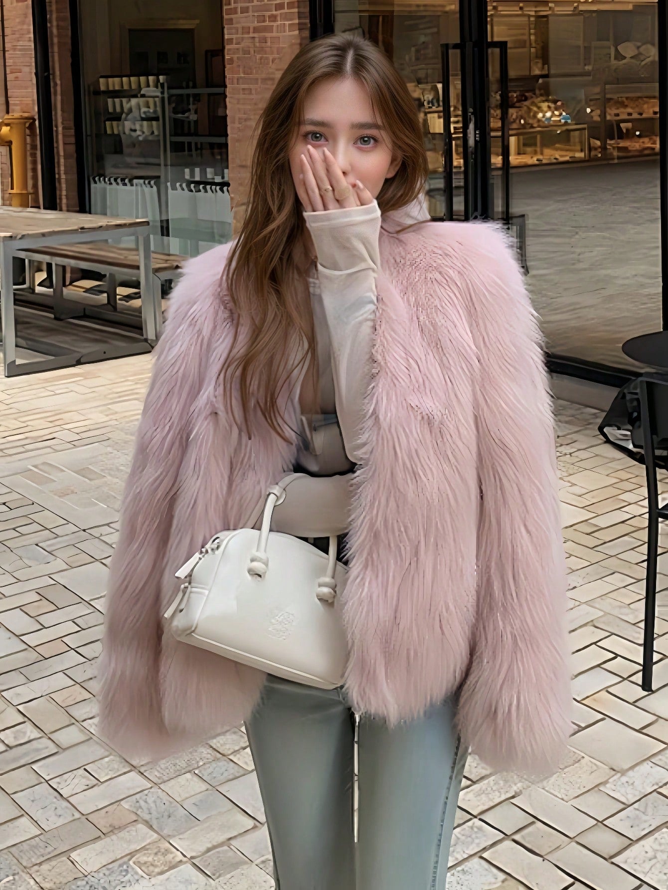 Winter Women Elegant Chic Pink Faux Fur Coats Fashion Vintage Solid Warmth Fluffy Coat Casual Fuzzy Fur Coats Female Fur Plush Fluffy Jacket Outerwear Party Christmas Clothes New Years