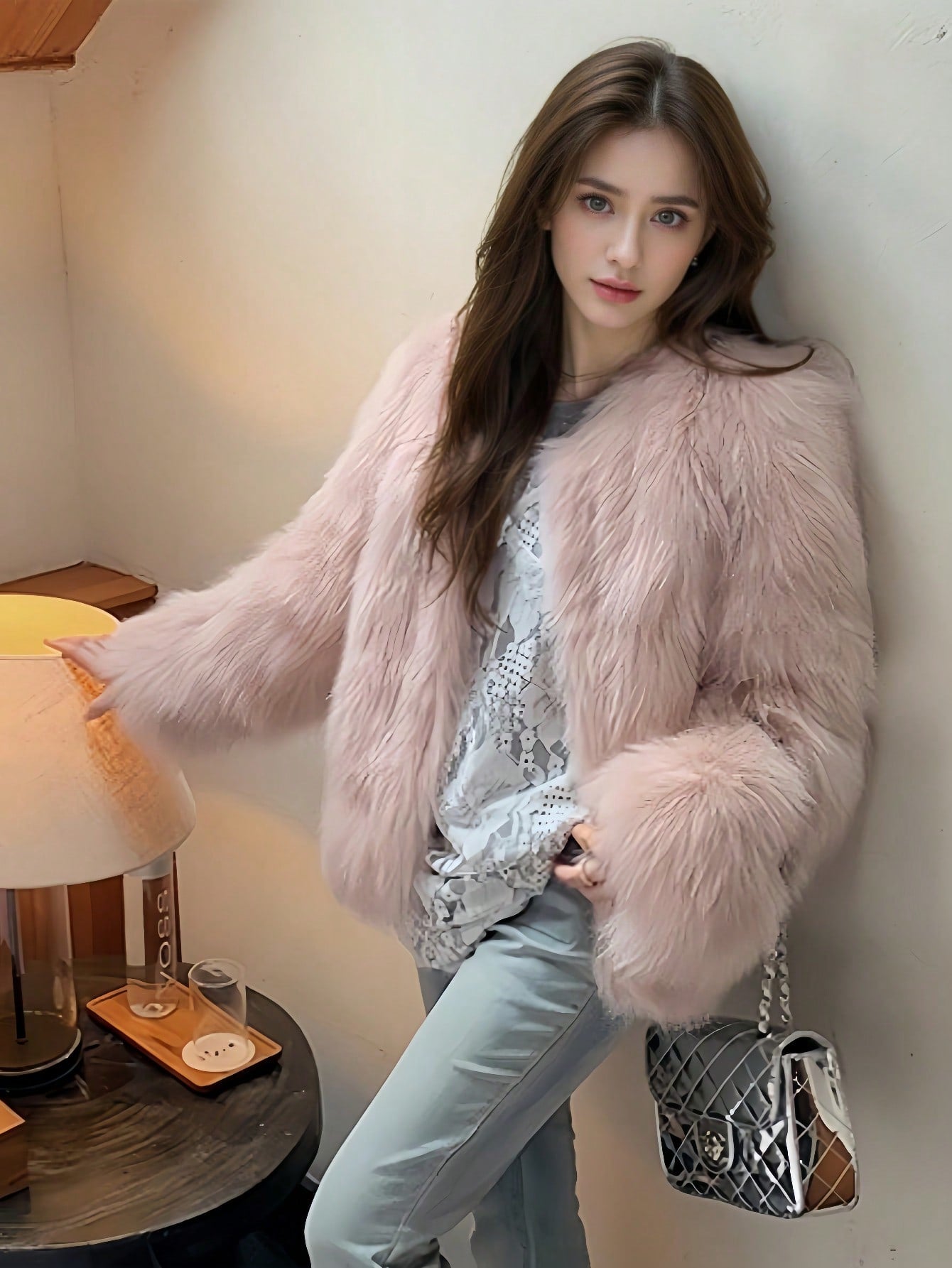 Winter Women Elegant Chic Pink Faux Fur Coats Fashion Vintage Solid Warmth Fluffy Coat Casual Fuzzy Fur Coats Female Fur Plush Fluffy Jacket Outerwear Party Christmas Clothes New Years