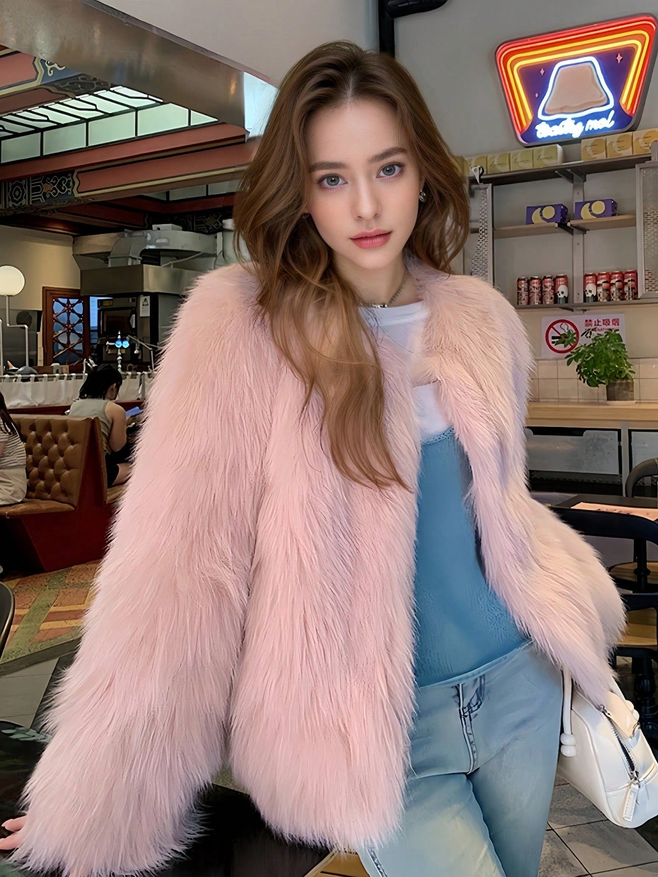 Winter Women Elegant Chic Pink Faux Fur Coats Fashion Vintage Solid Warmth Fluffy Coat Casual Fuzzy Fur Coats Female Fur Plush Fluffy Jacket Outerwear Party Christmas Clothes New Years