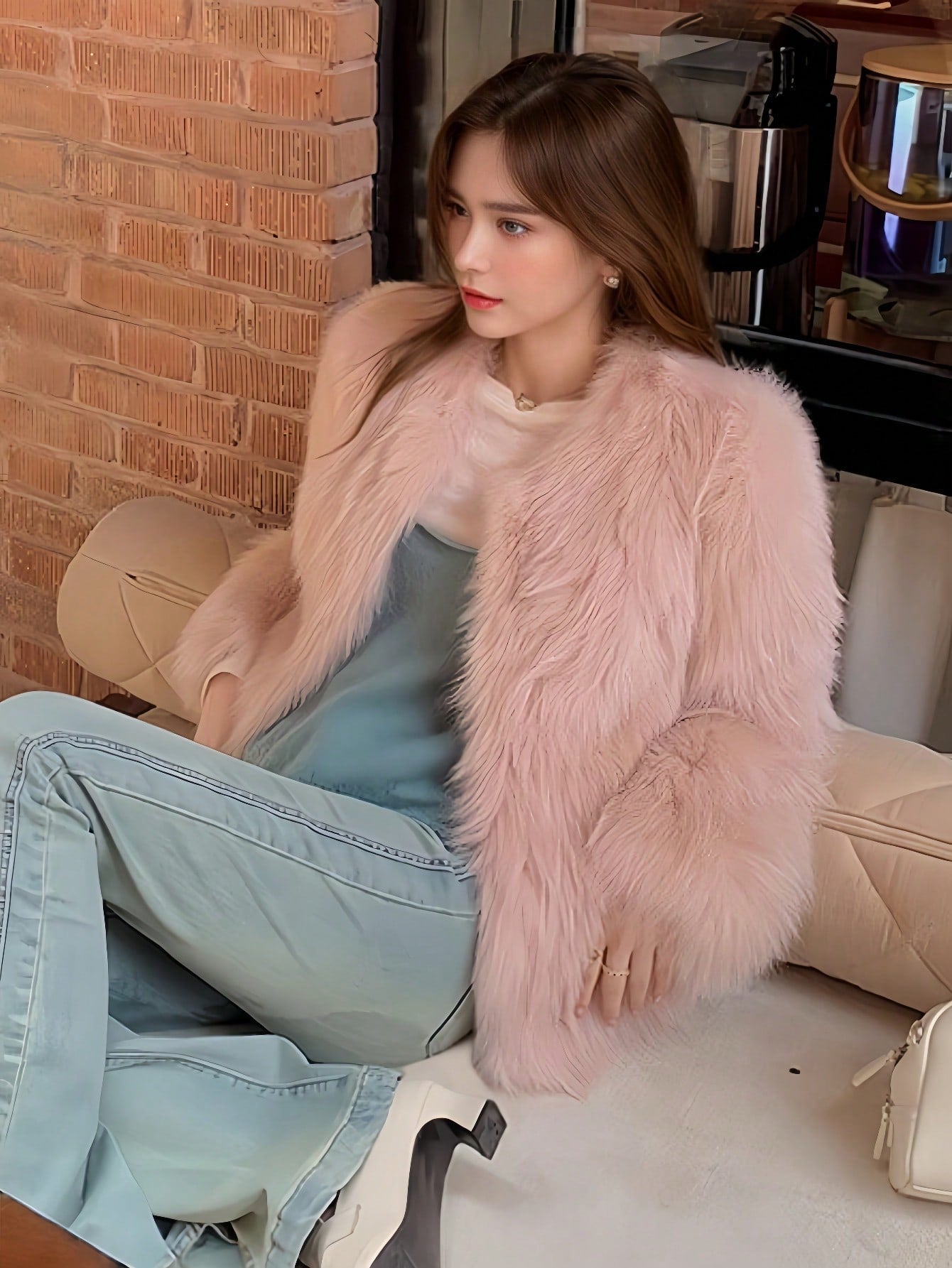 Winter Women Elegant Chic Pink Faux Fur Coats Fashion Vintage Solid Warmth Fluffy Coat Casual Fuzzy Fur Coats Female Fur Plush Fluffy Jacket Outerwear Party Christmas Clothes New Years