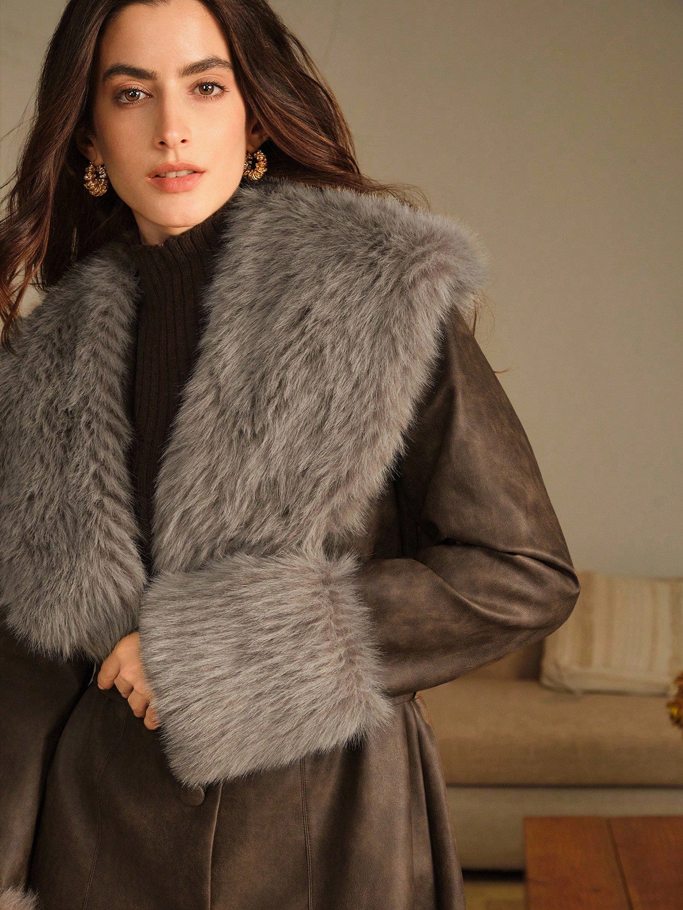 Anewsta Women's Leather Jacket With Fur Collar And Sleeves, Belted Design, Minimalist Long Style