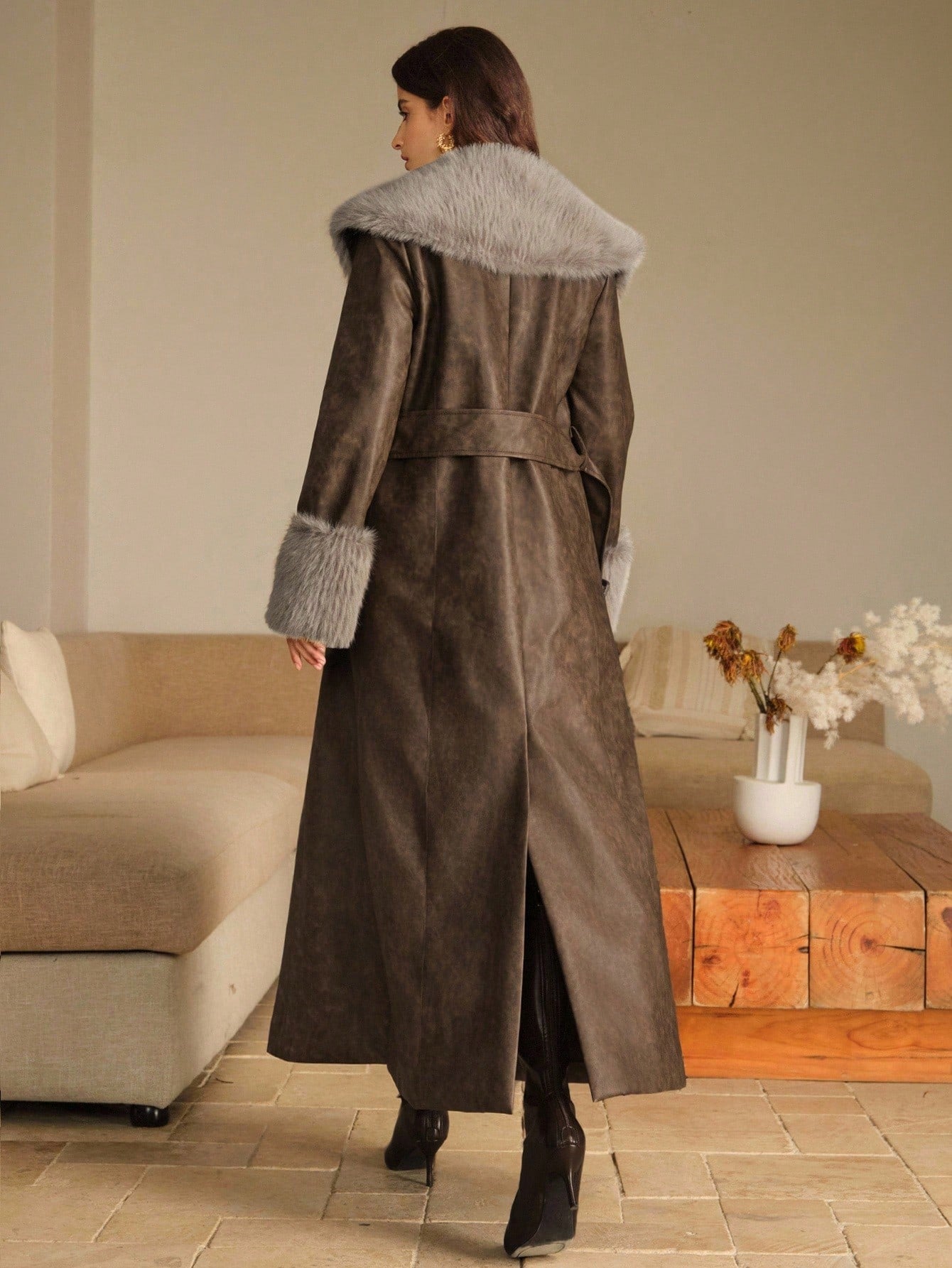 Anewsta Women's Leather Jacket With Fur Collar And Sleeves, Belted Design, Minimalist Long Style