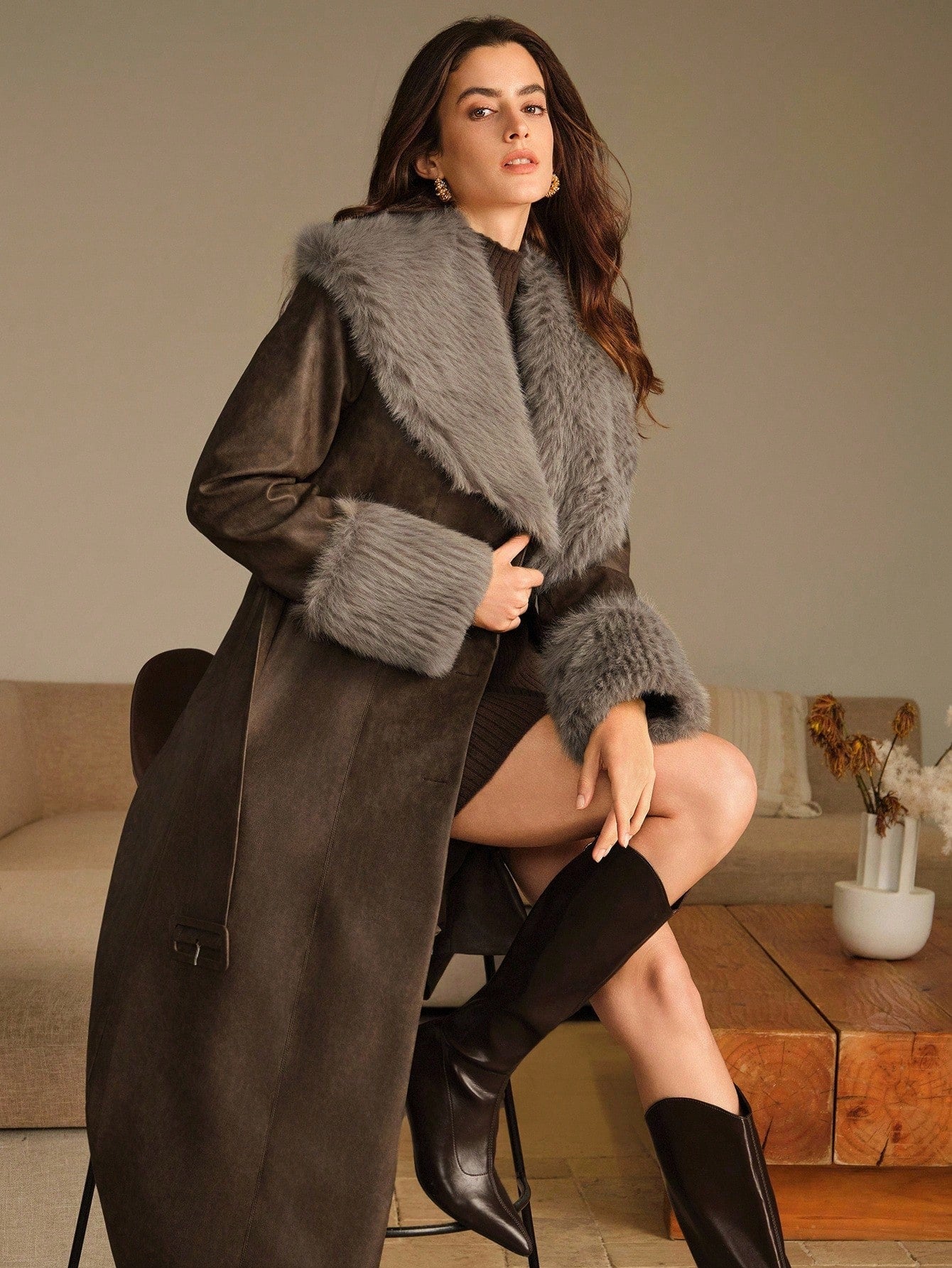 Anewsta Women's Leather Jacket With Fur Collar And Sleeves, Belted Design, Minimalist Long Style