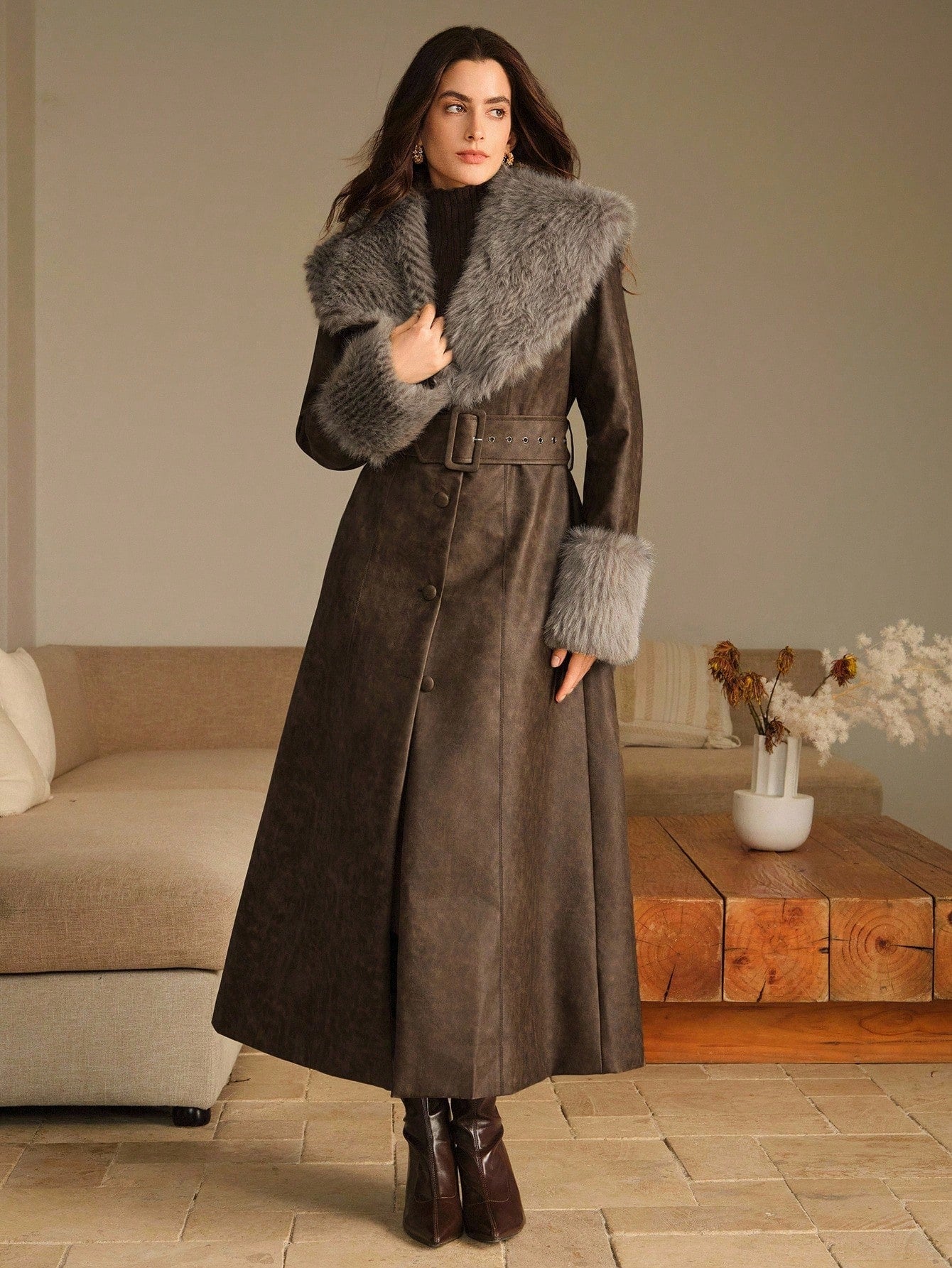Anewsta Women's Leather Jacket With Fur Collar And Sleeves, Belted Design, Minimalist Long Style