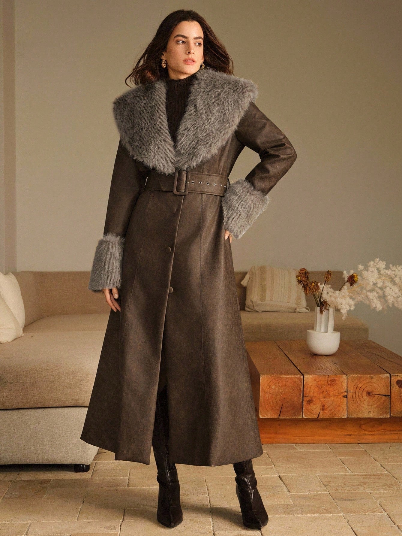 Anewsta Women's Leather Jacket With Fur Collar And Sleeves, Belted Design, Minimalist Long Style