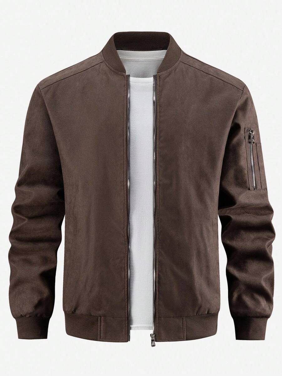 Manfinity EMRG Men's Solid Color Zipper Fashion Versatile Outdoor Windbreaker Jacket Black Bomber