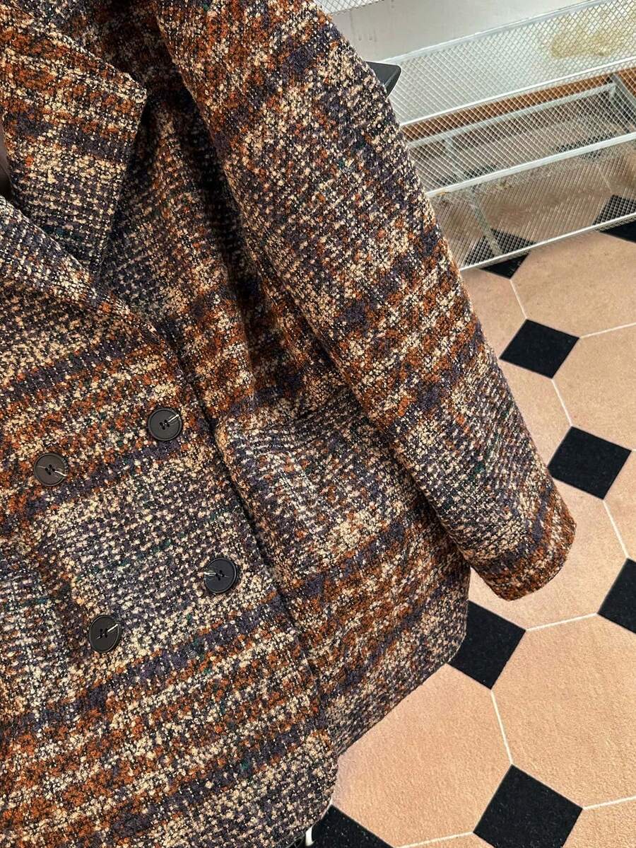 Women's Tweed Plaid Notched Lapel Front Button Relaxed Fit British Style Casual Long Sleeve Coat With Pockets For Fall Winter Spring