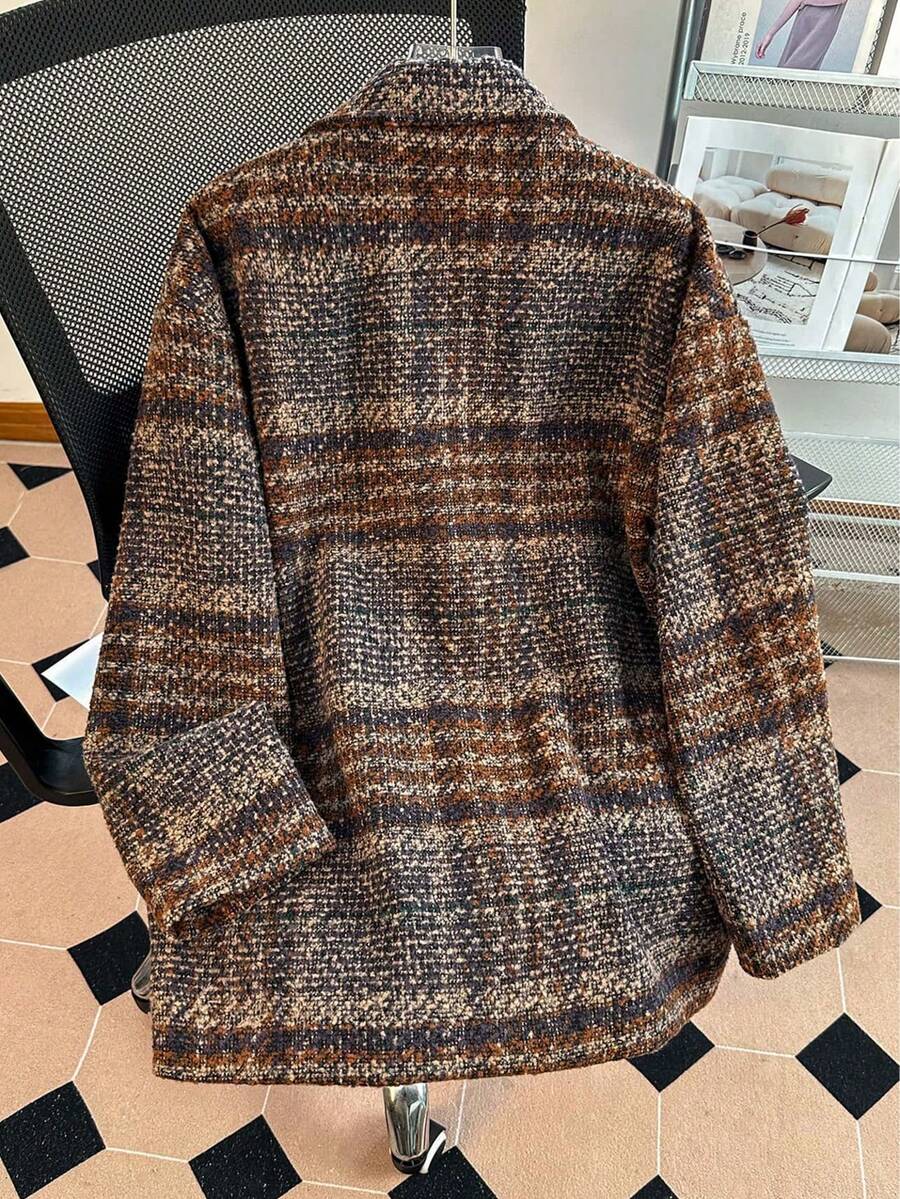 Women's Tweed Plaid Notched Lapel Front Button Relaxed Fit British Style Casual Long Sleeve Coat With Pockets For Fall Winter Spring