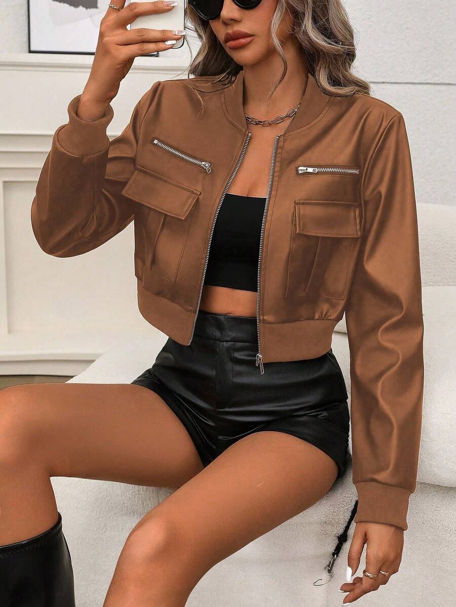 EMERY ROSE Women's Casual Solid Color Short Zip-Up Jacket