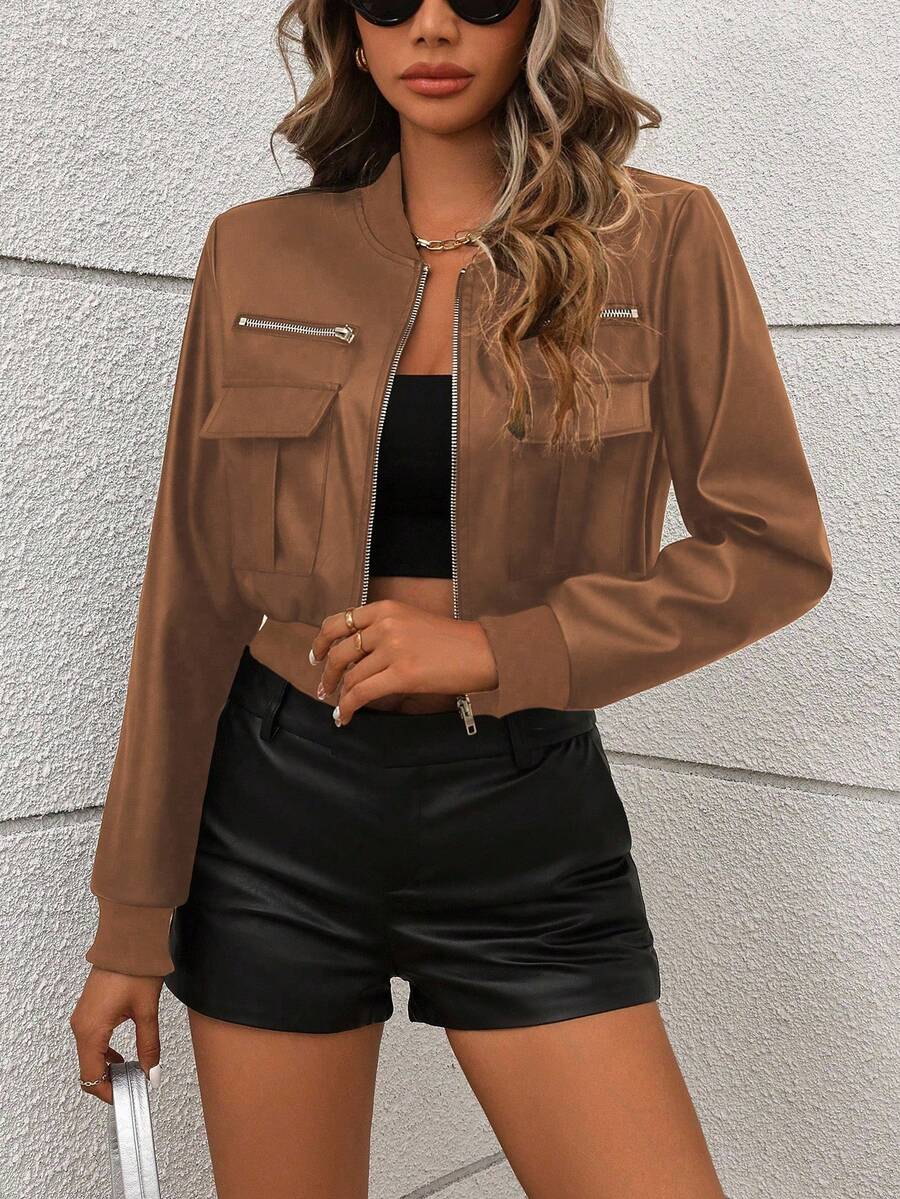 EMERY ROSE Women's Casual Solid Color Short Zip-Up Jacket