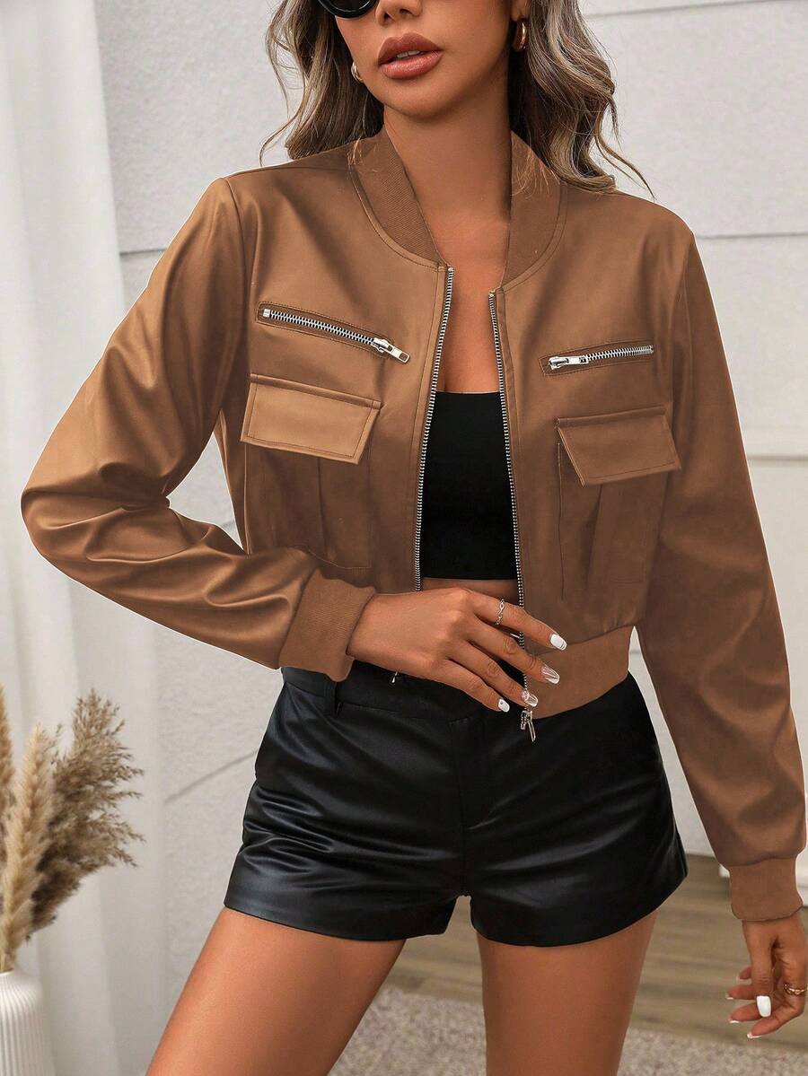 EMERY ROSE Women's Casual Solid Color Short Zip-Up Jacket