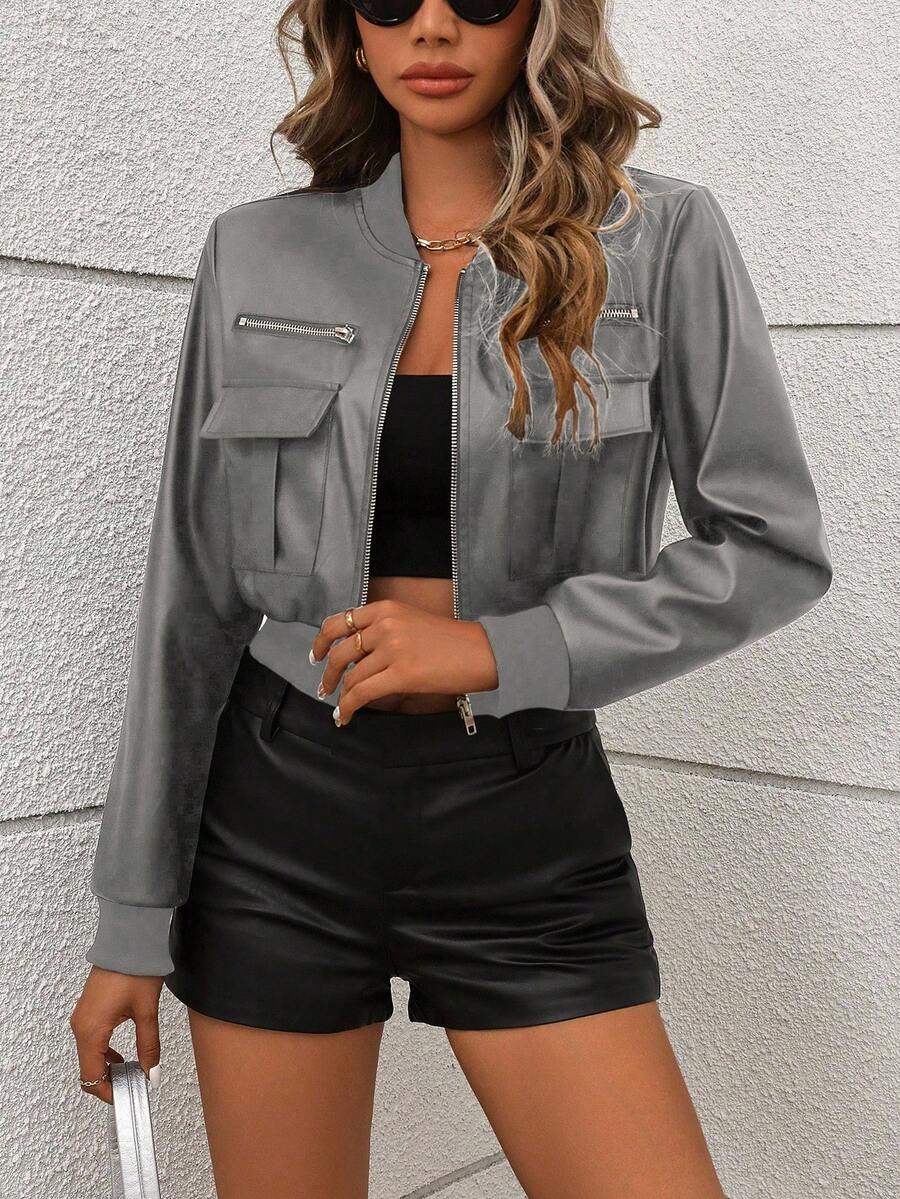 EMERY ROSE Women's Casual Solid Color Short Zip-Up Jacket