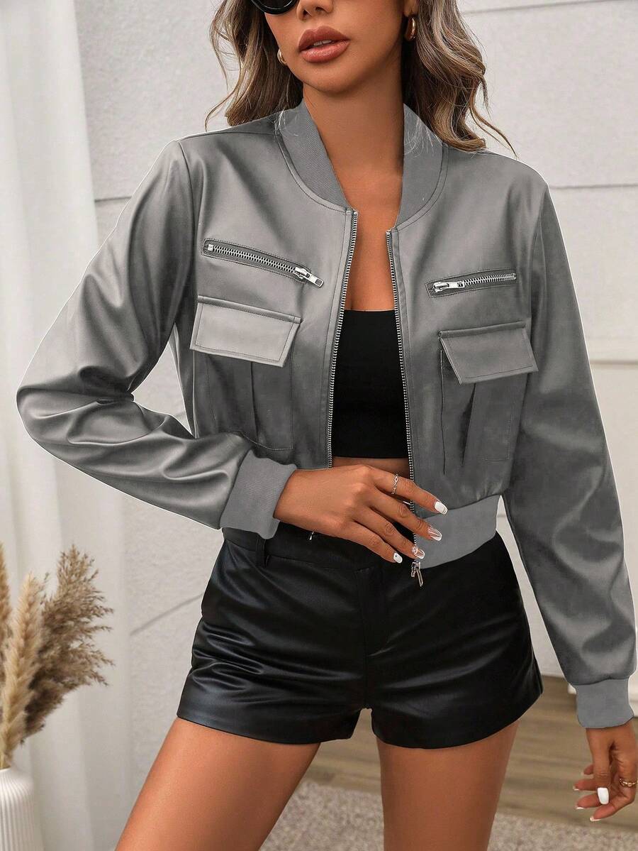 EMERY ROSE Women's Casual Solid Color Short Zip-Up Jacket