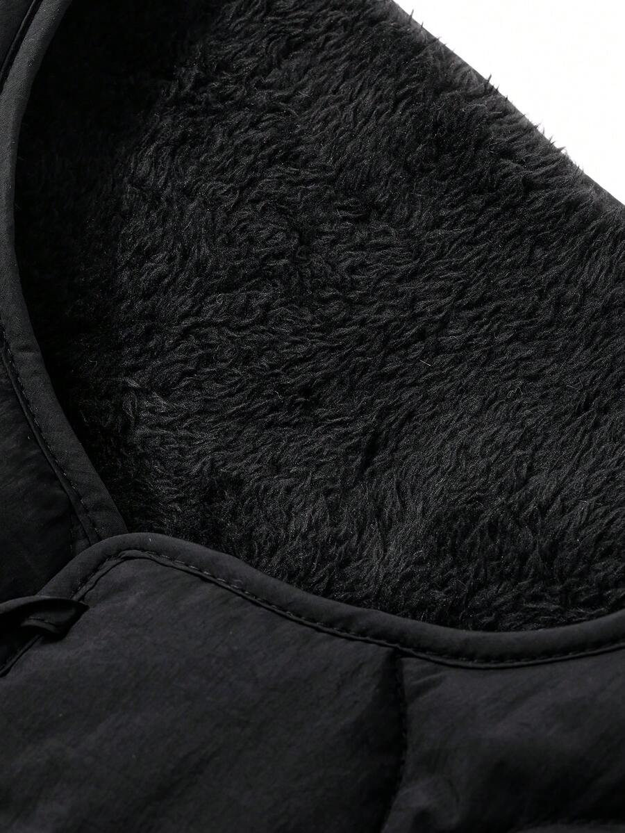 FRIFUL Women's Black Solid Color Lace-Up Tie Lamb Wool Lining Round Neck Pocket Decorative Stitching Quilted Vest Jacket, Autumn/Fall