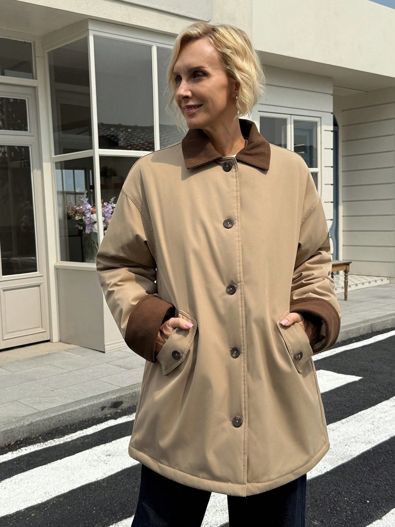 Livesso Color Block Loose Fit Long Sleeve Lapel Pocket Padded Coat For Women ,Winter Women Clothes,Winter Coat Women Jacket