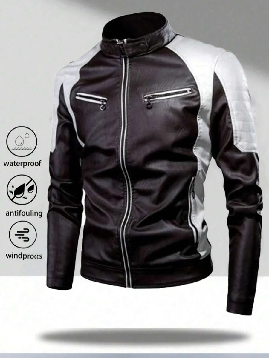 Men's Zipper Closure Long Sleeve Fitted Casual PU Leather Biker Jacket