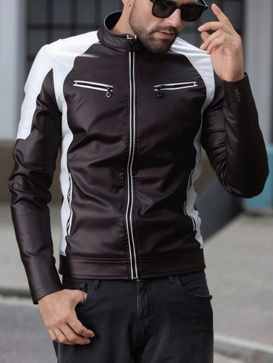 Men's Zipper Closure Long Sleeve Fitted Casual PU Leather Biker Jacket