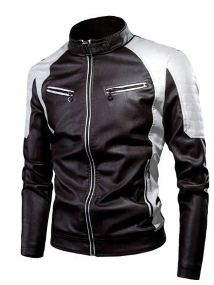 Men's Zipper Closure Long Sleeve Fitted Casual PU Leather Biker Jacket