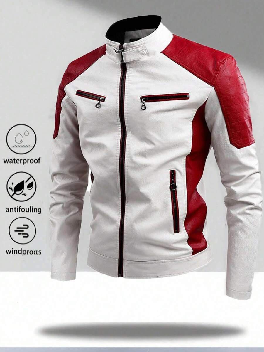 Men's Zipper Closure Long Sleeve Fitted Casual PU Leather Biker Jacket