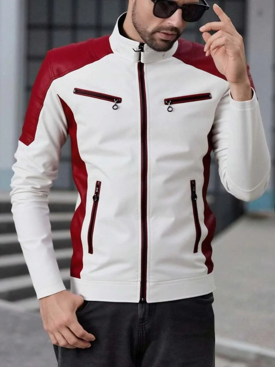 Men's Zipper Closure Long Sleeve Fitted Casual PU Leather Biker Jacket