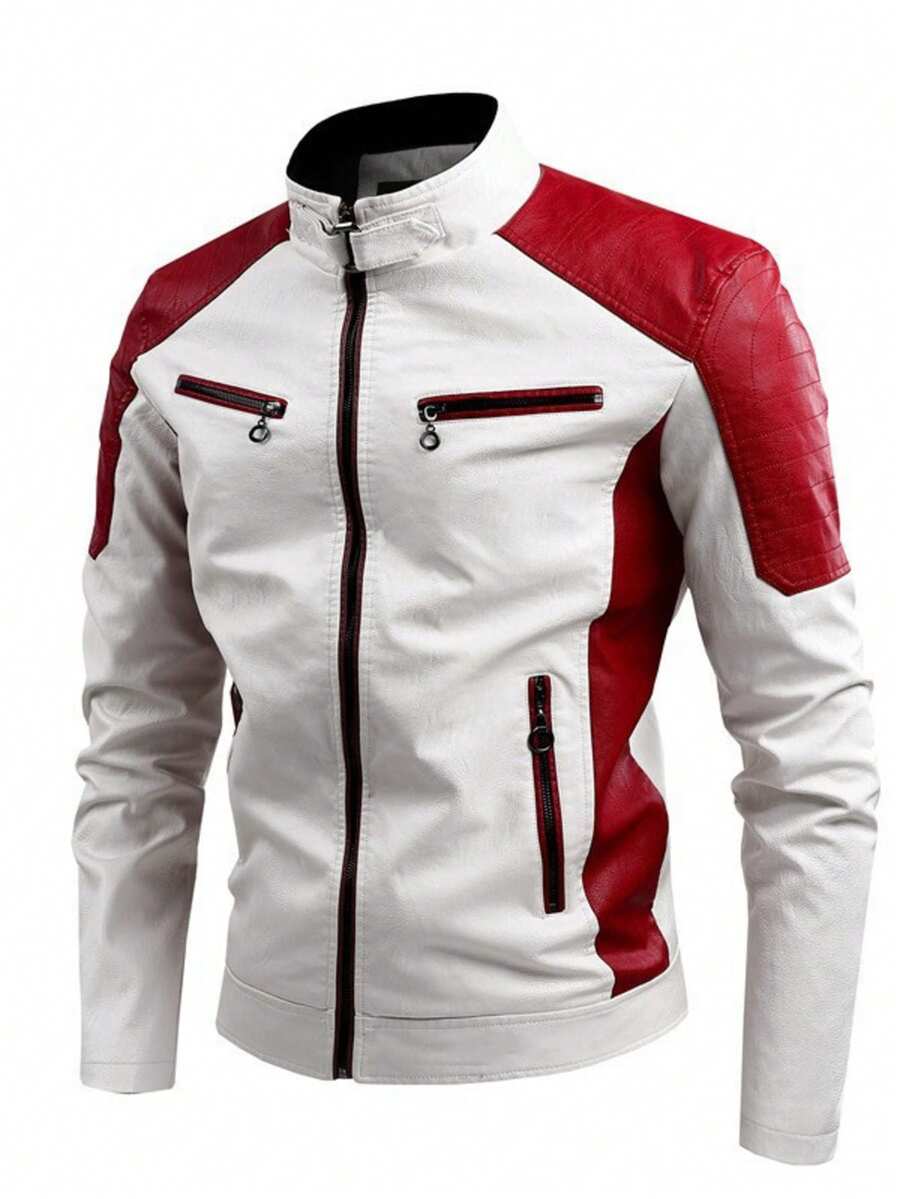 Men's Zipper Closure Long Sleeve Fitted Casual PU Leather Biker Jacket