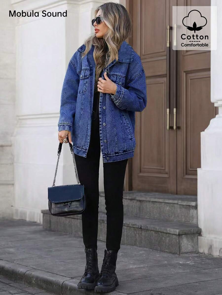 Middle East Versatile Casual Sports Fashion Women's Spring Autumn Winter Fleece Windproof Jacket, Blue Y2K College Style Young Women Denim Jacket