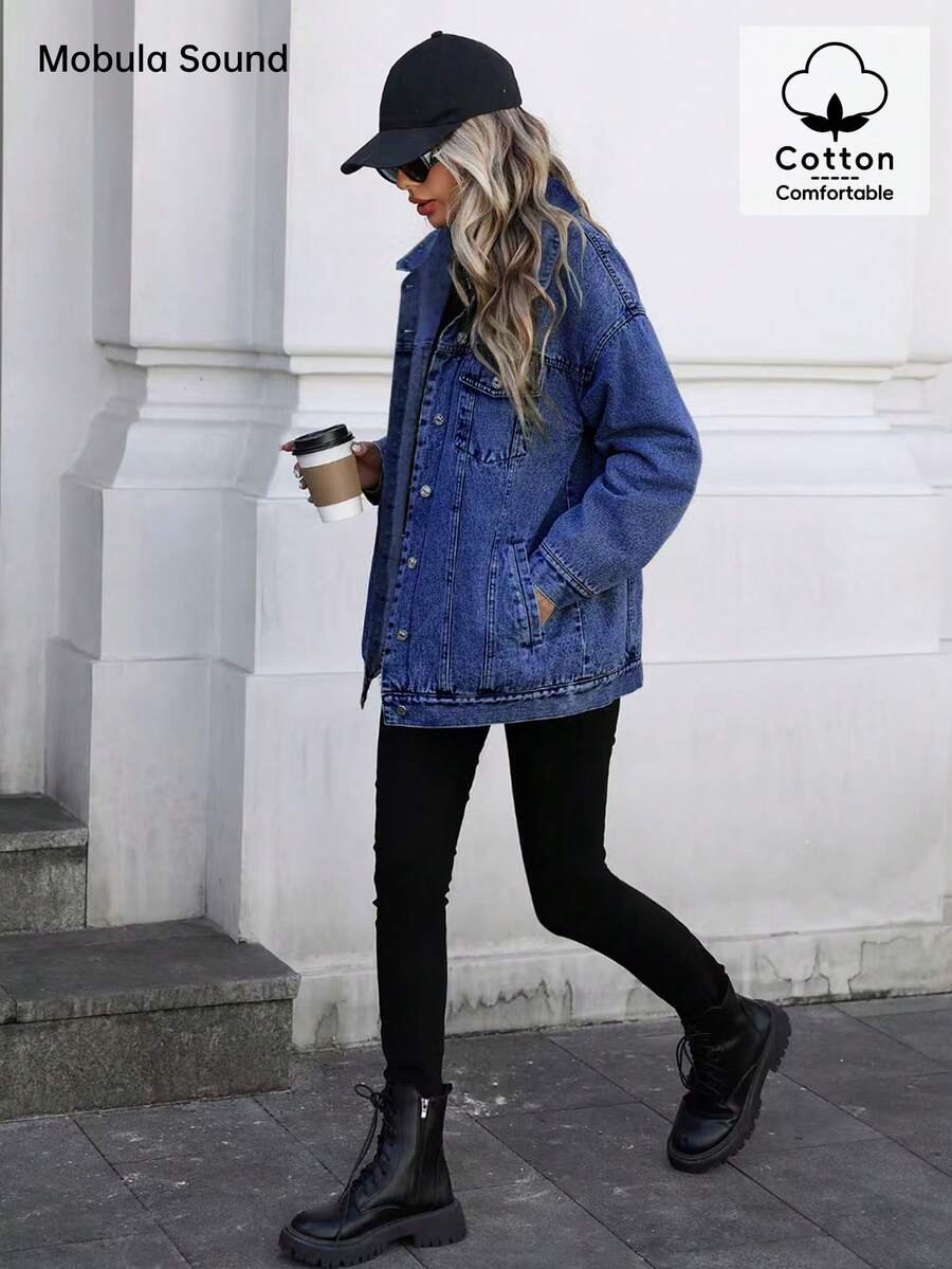 Middle East Versatile Casual Sports Fashion Women's Spring Autumn Winter Fleece Windproof Jacket, Blue Y2K College Style Young Women Denim Jacket