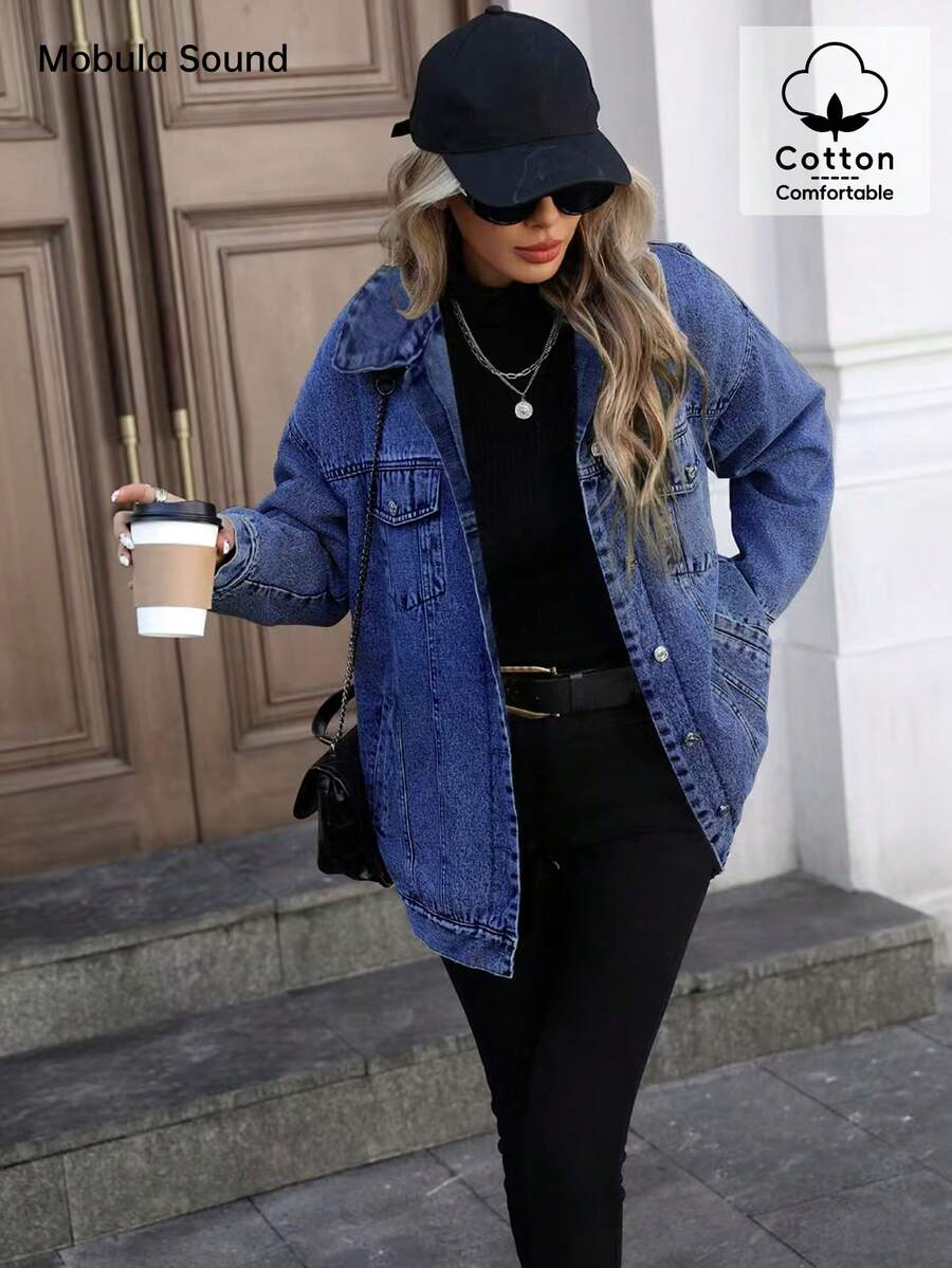 Middle East Versatile Casual Sports Fashion Women's Spring Autumn Winter Fleece Windproof Jacket, Blue Y2K College Style Young Women Denim Jacket